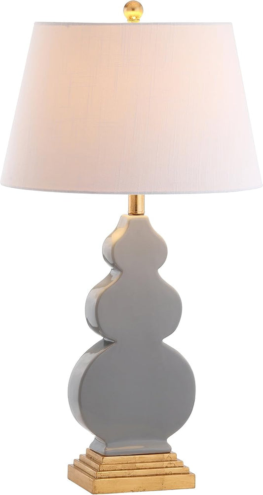 JONATHAN Y 29" Gray/Gold Ceramic Table Lamp for Bedroom Modern Bedside Lamp, White Linen Shade, Mid-Century Triple Gourd Desk Lamp for Office, LED Bulb Included (JYL3018B)