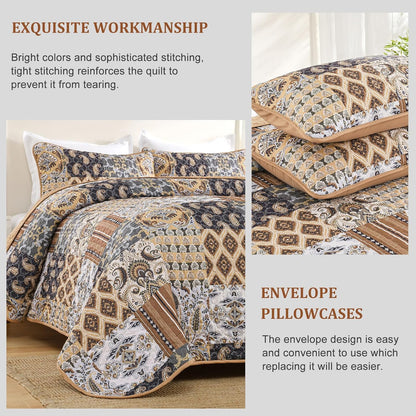 WONGS BEDDING Boho Quilt Set Queen Size, Dark Brown Plaid Patchwork Bedspread Bedding Set Soft Microfiber Quilt for Queen Bed Reversible 3 Pieces Coverlet Set for All Season (96"x90")