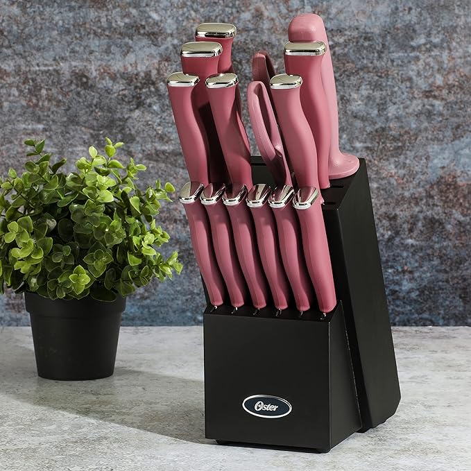 Oster Langmore 15 Piece Stainless Steel Cutlery Knife Block Set W/Black Box – Purple