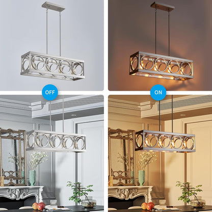 XINGQI Linear Chandelier Brushed Nickel Kitchen Island Light Fixtures 31.5" Rectangle Dining Room Chandeliers, Farmhouse Hanging Large 4-Light Rustic Metal Living Room Office Pendant Lighting
