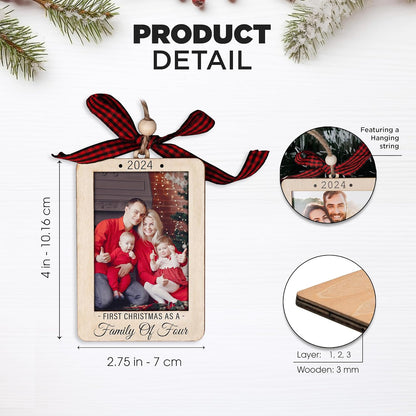 Christmas Photo Frame Ornament, 2025 Ornament, Wooden Picture Frame Ornaments With Hanging String (Family of Four)