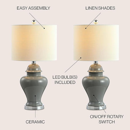 JONATHAN Y 22" Gray Ceramic Table Lamp Set of 2 for Bedroom Living Room, White Linen Shade, Traditional Ginger Jar Nightstand Lamp, Classic Cottage LED Lights (JYL6602B-SET2)