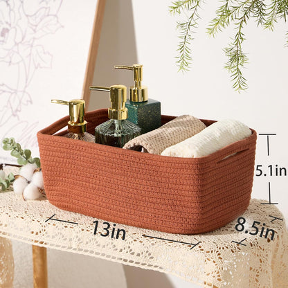 Small Storage Baskets for Organizing | Closet Organizer Bins | Shelf Toy Basket | Woven Rope Baskets | Cube Decorative Box | Shallow Basket | 13x8.5x5.1” | 3 Packs Oxide Red