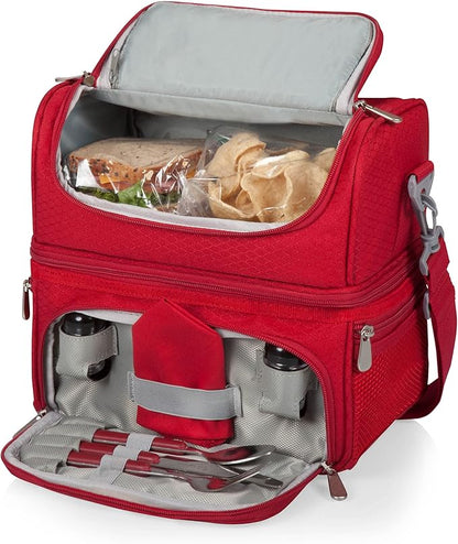 PICNIC TIME Coca Cola Pranzo Insulated Lunch Bag, Soft Cooler Lunch Box with Picnic Set and Dual Compartments, Portable Lunch Tote for Work and Travel, (Red)