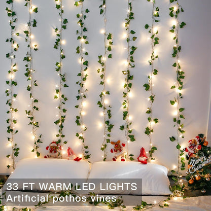 suddus Vine with Fairy Light Plug in, 33ft 100 LED Pothos String Lights Connectable with Remote, Leaf Lights for Bedroom, Room, Wall, Garden, Party, Wedding Decor (Warm White)