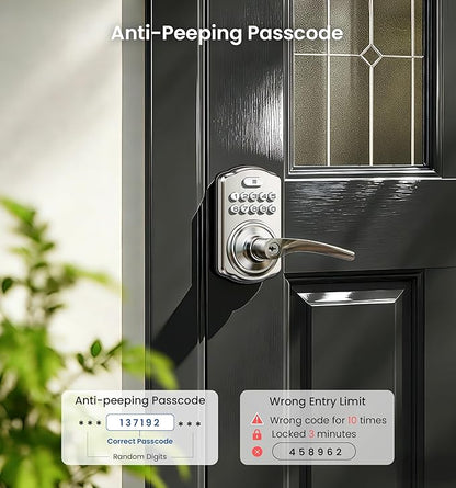 Veise Keypad Door Lock with Handle, Keyless Entry for Front Door & Bedroom, Electronic Lock with Code, Auto-Locking, Easy Installation, Passage Mode, Satin Nickel