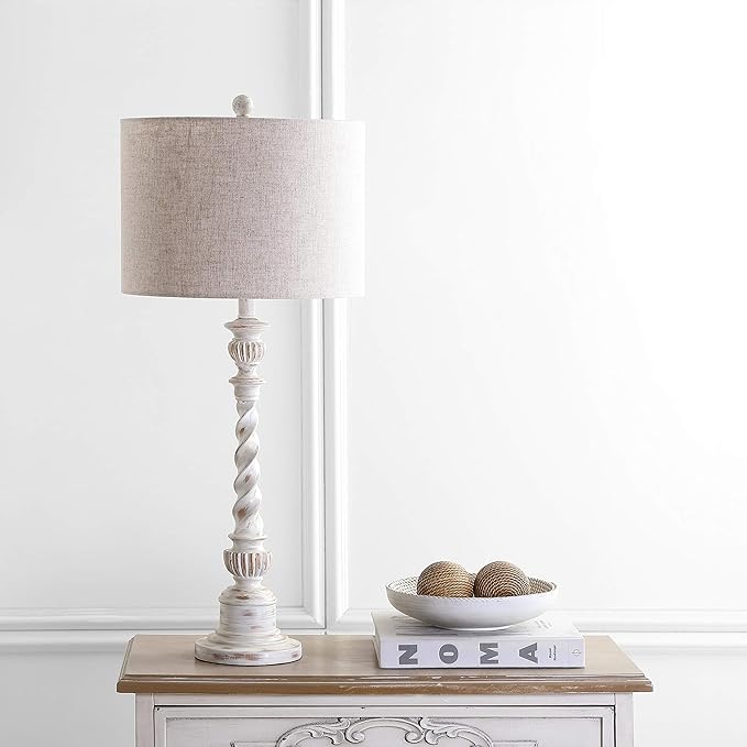 JONATHAN Y 33" White Wash Rustic Resin Table Lamp, Traditional Farmhouse Wood-Look Nightstand Lamp with Gray Linen Drum Shade for Living Room, LED Bulb Included JYL3031A
