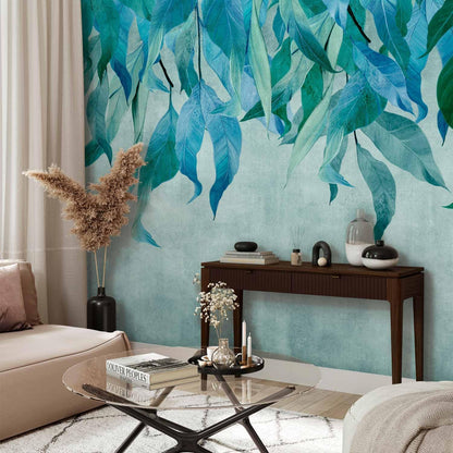 artgeist Wall Mural Hanging Leaves 138x101 in - Non-Woven Wallpaper Fleece Wall Decor Photo Print Picture Image Design Nature Botanical Concrete Green Blue b-C-10146-a-b