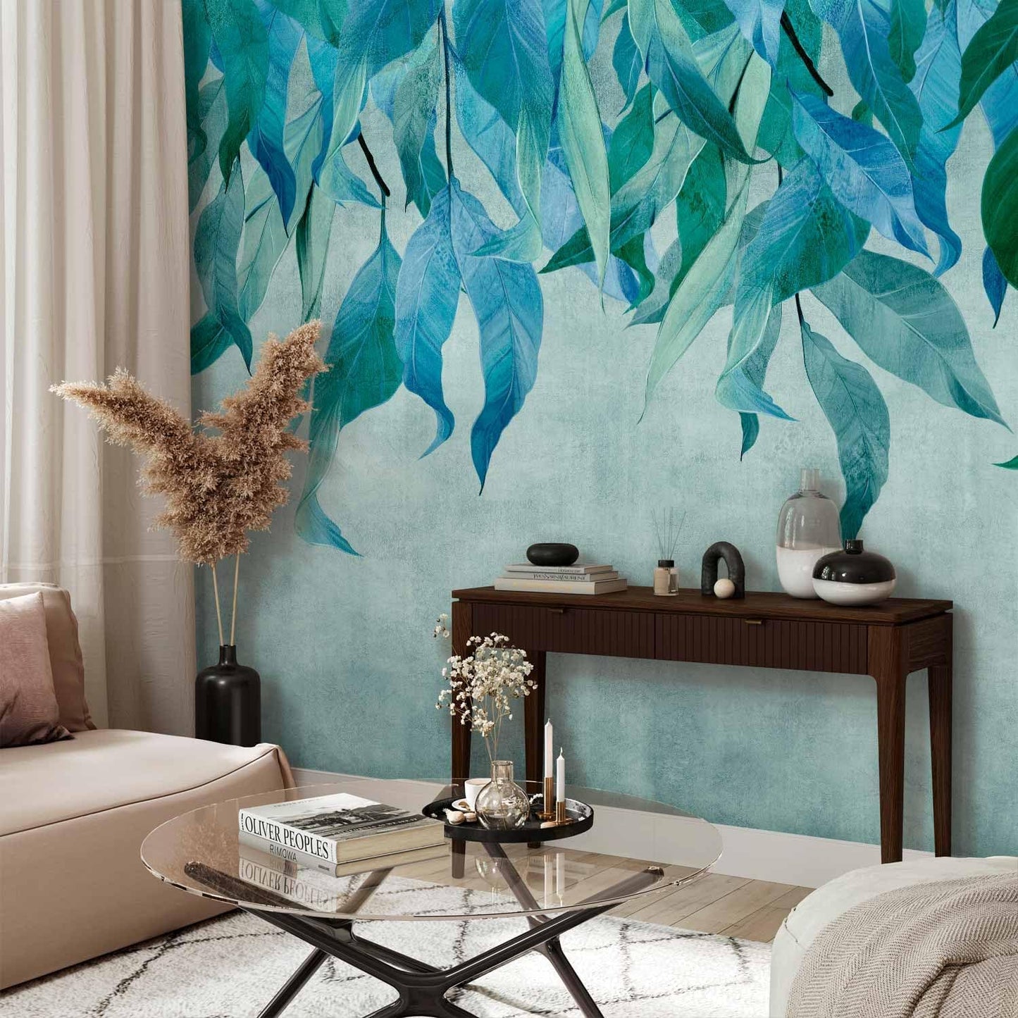 artgeist Wall Mural Hanging Leaves 96x69 in - Peel and Stick Self-Adhesive Wallpaper Removable Large Sticker Foil Wall Decor Print Picture Image Design Nature Botanical Concrete Green b-C-10146-a-b
