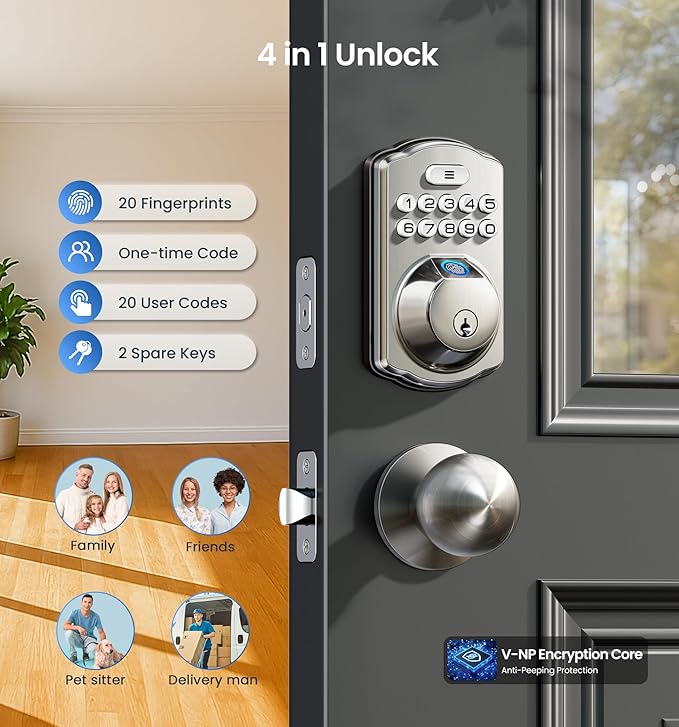 Veise Fingerprint Door Lock with 2 Knobs - Keyless Entry Door Lock with Handle, Electronic Keypad Deadbolt, Smart Front Handle Set, Auto-Locking, Waterproof, Easy Installation, Satin Nickel