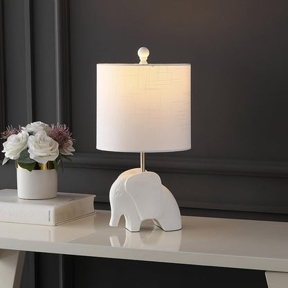 JONATHAN Y 17.5" White Elephant Kids Table Lamp, Whimsical Resin Bedside Lamp with White Linen Drum Shade for Bedroom Playroom Nursery, LED Bulb Included, UL Listed (JYL1143D)