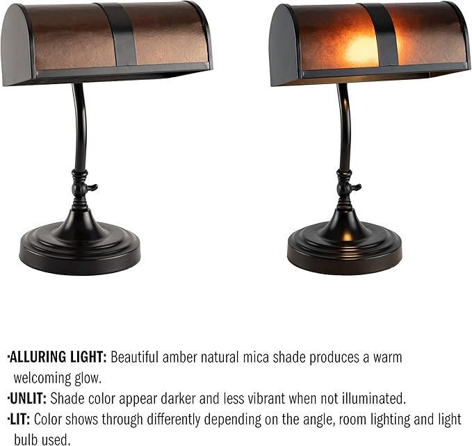 Banker's Lamp - Mission-Style LED Table or Desk Light with Amber Mica Shade and Bulb - Classic Vintage-Look Accent Decor by Lavish Home (Black)