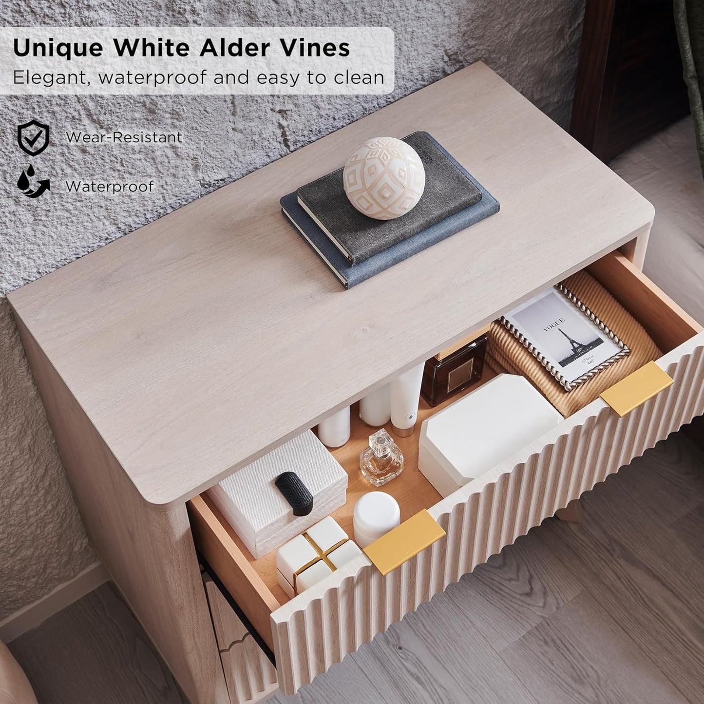 T4TREAM 32" Tall Fluted Nightstand Set of 2, Modern Side Table with 3 Drawers, End Table w/Storage, Bedside for Bedroom, Living Room, Curved Profile Design, White Alder
