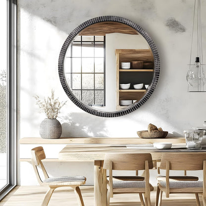 35" Round Wood Mirror, Rustic Circle Wall Mirror with Beveled, Wooden Round Mirror for Wall Decor, Decorative Wall-Mounted Mirror for Entryway, Living Room, Washed Black Frame