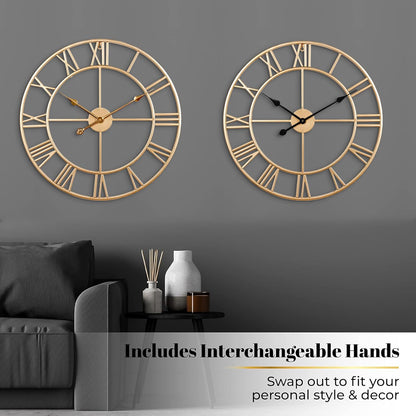 CLXEAST Champagne Gold Metal Wall Clock, Large Roman Numeral 24 Inch Wall Clocks for Living Room Decor,House Warming Gifts New Home