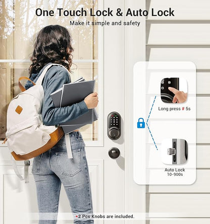 Veise RZ06C Smart Locks for Front Door, 2 Knob Handle Set, Keyless Entry Deadbolt, App Control, Electronic Touchscreen Digital Keypad, Auto Lock, Easy Installation, IP54 Waterproof, Matte Black