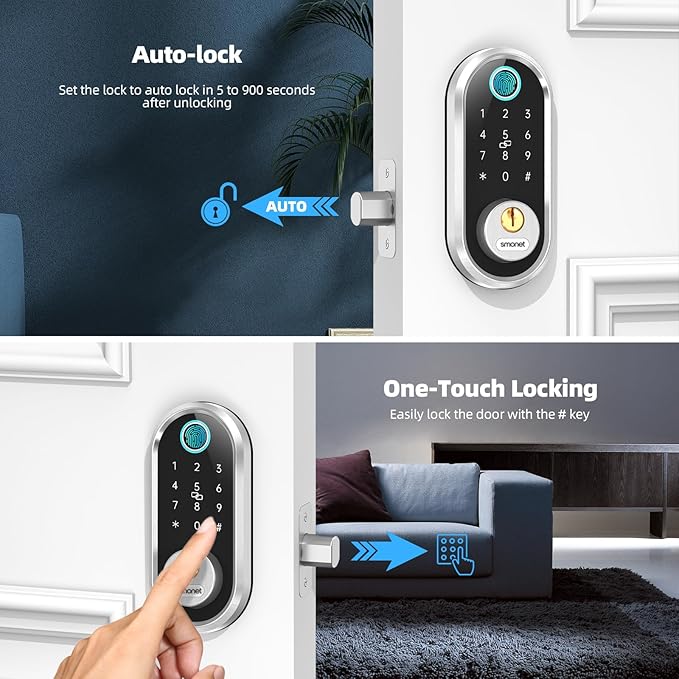 Smart Door Lock Keyless Deadbolt: SMONET Smart Locks for Front Door Fingerprint Keyless Entry Electronic Digital Bluetooth Key Fob Code APP Touch keypads Compatible with Alexa