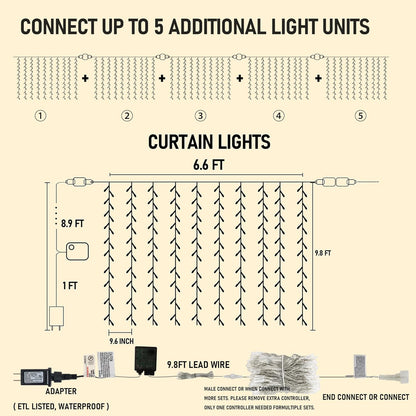 Dazzle Bright 300 LED Curtain Lights, Plug in Fairy Curtain Lights for Bedroom, Christmas Hanging String Lights Outdoor for Window Backdrop Wall Wedding Patio Indoor Dorm Party Decor, Warm White