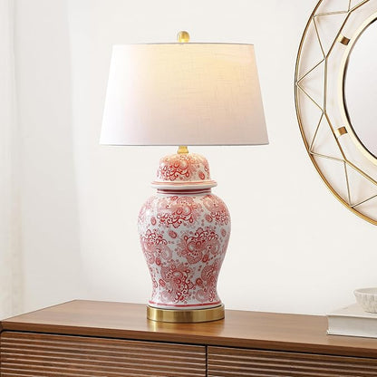 JONATHAN Y 29.5" Red/White Ceramic Table Lamp for Living Room and Office, White Linen Drum Shade, Traditional Chinoiserie Ginger Jar Lamp, LED Bulb Included (JYL3008C)