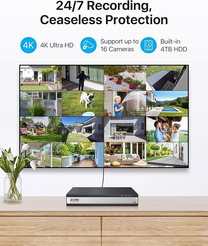 ZOSI 4K 16CH PoE NVR with 4TB Hard Drive,8MP Network Video Recorder Home Security Camera Surveillance System,24/7 Recording,Only Compatible with ZOSI 4K/8MP/5MP/4MP PoE Camera(32 Channel 16-Port)