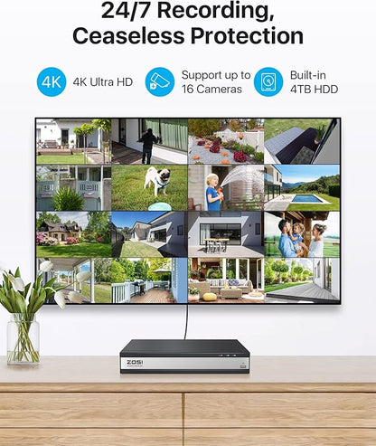 ZOSI 4K 16CH PoE NVR with 4TB Hard Drive,8MP Network Video Recorder Home Security Camera Surveillance System,24/7 Recording,Only Compatible with ZOSI 4K/8MP/5MP/4MP PoE Camera(32 Channel 16-Port)