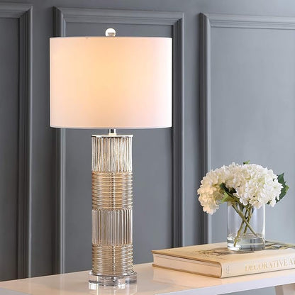 JONATHAN Y 30" Champagne Glass and Crystal Table Lamp, Contemporary Transitional Pillar Lamp for Living Room Bedroom, White Faux Silk Drum Shade, LED Bulb Included JYL2064A