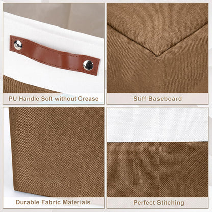 Collapsible Fabric Storage Cubes 11x11 Cube Storage Bins, 4 Pack Closet Baskets Box with Handles for Organizing, Shelf, Toys, Clothes, Home, Office, Nursery (Brown&White)