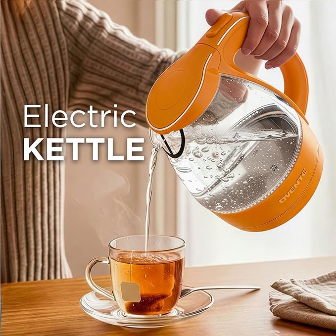 OVENTE Electric Kettle, 1.5L Borosilicate Glass Countertop Water Heater and Boiler for Coffee or Tea, BPA-Free, Auto Shut-Off, Boil-Dry Protection, Removable and Washable Spout Filter, Orange KG83O