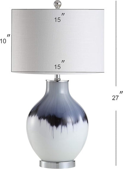 JONATHAN Y 27" Blue/White Drip Glass and Metal Table Lamp, Modern Transitional Bedside Lamp for Living Room Bedroom, White Linen Drum Shade, LED Bulb Included JYL1065A