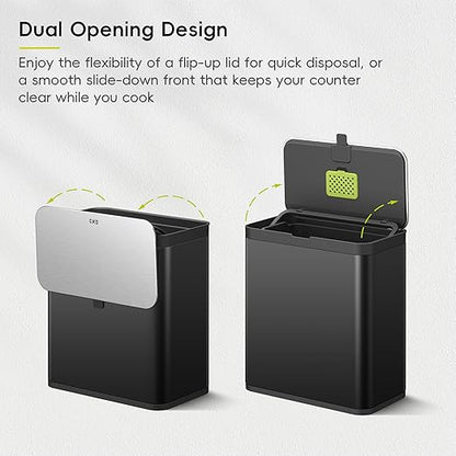 EKO Kitchen Compost Bin, 7L / 1.85 Gal Stainless Steel with Removable Inner Bucket and Deodorizer Compartment, 2-in-1 Countertop Compost Bin with Lid, Food Waste Caddy for Kitchen (Matte Black)