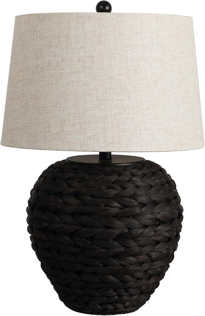 JONATHAN Y 24.5" Black Water Hyacinth Farmhouse Basket Table Lamp, Coastal Decor for Living Room Bedroom Nightstand, Light Gray Linen Shade, LED Bulb Included (JYL6501D)