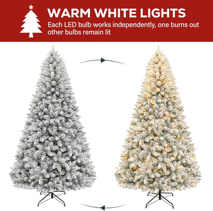 Hykolity 7.5 ft Snow Flocked Christmas Tree, Artificial Christmas Tree with 450 Warm White Lights, 1446 Tips, Metal Stand and Hinged Branches
