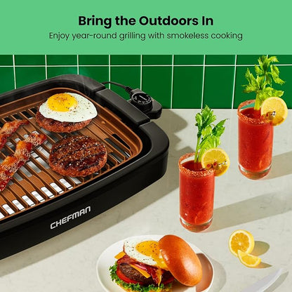 Chefman Smokeless Indoor Electric Grill, Copper, Extra Large, Nonstick Table Top Grill for Indoor Grilling and BBQ with Adjustable Temperature Control, Nonstick Dishwasher-Safe Parts, 9" x 15"