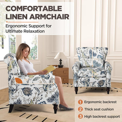 Wingback Accent Chair with Removable Pillow, High Back Floral Armchair with Solid Wood Legs & Nailhead Trim, Comfy Upholstered Reading Single Sofa Chair for Bedroom (1, Blue Floral Pattern)