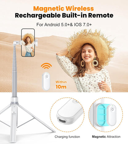 TONEOF 66" Automatic Phone Tripod with Magnetic Rechargable Remote,Selfie Stick 360° Vertical & Horizontal Rotatable,Stable for iPhone/Android((White)