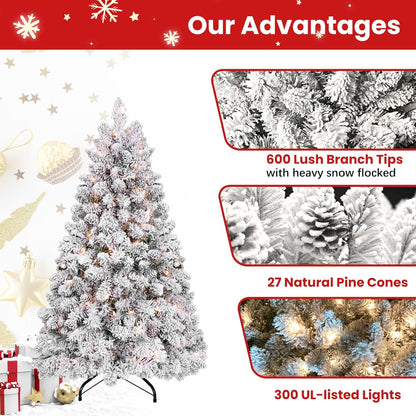 5ft Pre-lit Flocked Christmas Tree, Artificial Christmas Tree with Lights, Snow Frosted Christmas Trees Pre-lit with Pine Cones & 300 UL Lights, 600 Tips, Hinged Easy Setup Xmas Tree