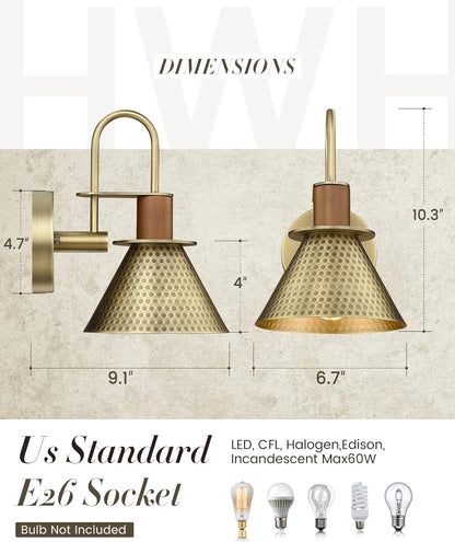 Barn Sconce Wall Lighting, HWH Gooseneck Wall Sconces Indoor Wall Lights, 1-Light Vanity Wall Lamp for Bathroom Bedroom Bedside Kitchen, Hammered Metal Shade, Antique Brass Finish, 5HZG74B BG