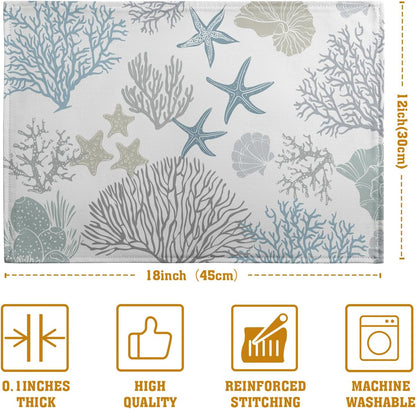 Summer Linen Placemats Set of 4 Nautical Coastal Theme Washable Non-Slip Heat Resistant Table Place Mat 12×18 Inch Ocean Beach Blue Grey Coral Starfish Place Mats for Kitchen Dining Table