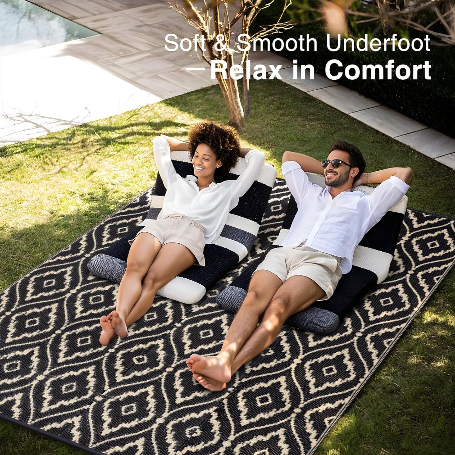 OLANLY Outdoor Rug 9x12 ft Waterproof, Outdoor Plastic Straw Rug with Geometric Pattern Clearance, Reversible RV Mat for Patio, Camping, Balcony, Deck, Backyard, Black & Beige