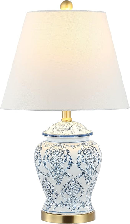 JONATHAN Y 22.25" Blue/White Chinoiserie Ceramic Urn Table Lamp, Traditional Classic Nightstand Lamp for Living Room Bedroom, White Linen Shade, LED Bulb Included JYL3085A