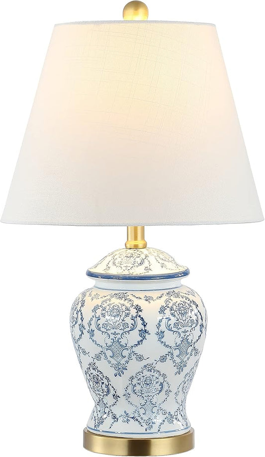 JONATHAN Y 22.25" Blue/White Chinoiserie Ceramic Urn Table Lamp, Traditional Classic Nightstand Lamp for Living Room Bedroom, White Linen Shade, LED Bulb Included JYL3085A