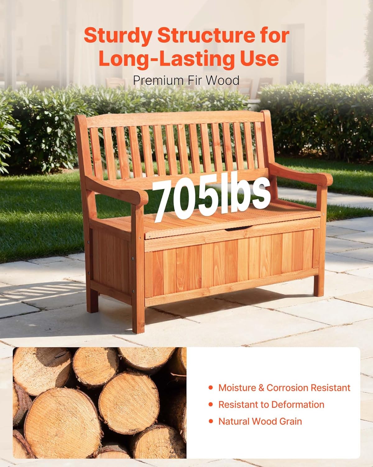 VEVOR Outdoor Storage Bench, 2-Person Wooden Storage Bench, 33 Gallons Deck Box with Side Handle, Supports up to 705 lbs, Weatherproof Outdoor Seating & Porch Decor, for Patio Garden Balcony Yard