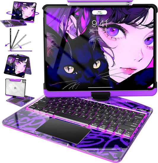 Intermerge Clear iPad A16 11th (2025) & 10th Generation 10.9" Case with Keyboard, 360° Transparent Multi-Touch Trackpad, 7-Color RGB Keyboard, Pencil Holder, Type-C, Power Indicator, Neon Pulse