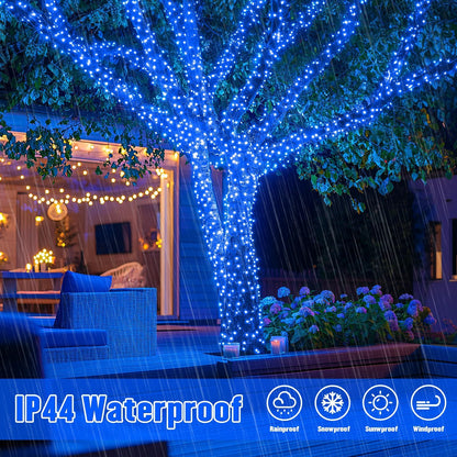 JMEXSUSS 2 Pack Blue Solar Christmas Lights: 100 LED 33ft Blue Solar Lights Outdoor, 8 Modes Solar String Lights for Outside Christmas Tree Gardens Party