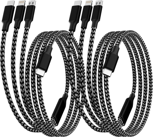 USB C Multi Charging Cable [2Pack 4FT], 3 in 1 Charging Cable Nylon Braided USB-C Multiple Charger Cord with Type-C, Micro USB and IP Port for iPhone 16/15 Series/Cell Phones and More