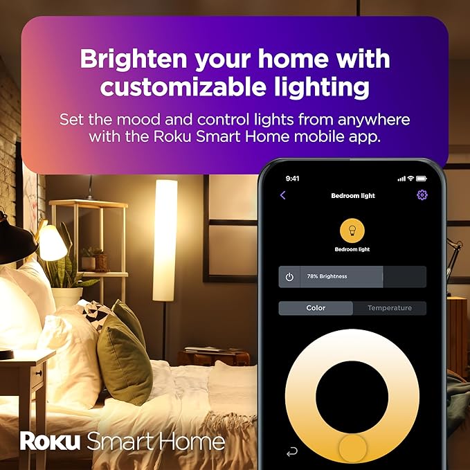 Roku Smart Light Bulbs (White, 1-Pack) - Dimmable A19 Lightbulbs with Adjustable Brightness & Temperature - WiFi Smart Bulbs Works with Roku Voice, Alexa & Google Assistant, No Hub Required