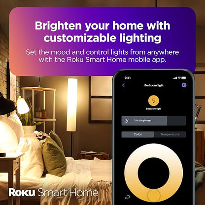 Roku Smart Light Bulbs (White, 1-Pack) - Dimmable A19 Lightbulbs with Adjustable Brightness & Temperature - WiFi Smart Bulbs Works with Roku Voice, Alexa & Google Assistant, No Hub Required