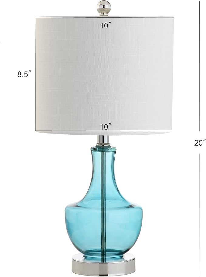 JONATHAN Y 20" Amalfi Blue Glass Mini Table Lamp, Modern Bedside Lamp for Bedroom, White Linen Drum Shade, Teardrop Glass Base, LED Bulb Included, UL Listed (JYL1029C-SET2)