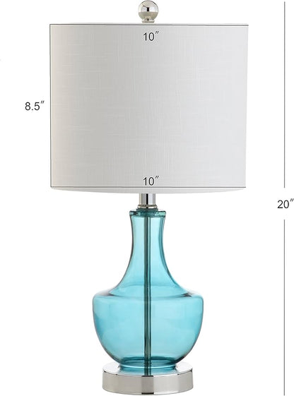 JONATHAN Y 20" Amalfi Blue Glass Mini Table Lamp, Modern Bedside Lamp for Bedroom, White Linen Drum Shade, Teardrop Glass Base, LED Bulb Included, UL Listed (JYL1029C-SET2)