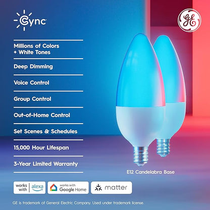 GE Cync Smart LED Light Bulbs, Color Changing Decorative Light Bulbs, Indoor WiFi Lights, Matter Compatible, Compatible with Alexa and Google Home, Candelabra Base (3 Pack)